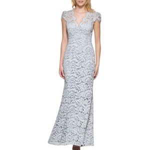 Eliza J- Blue Eyelet Lace Cap Sleeve Maxi Dress